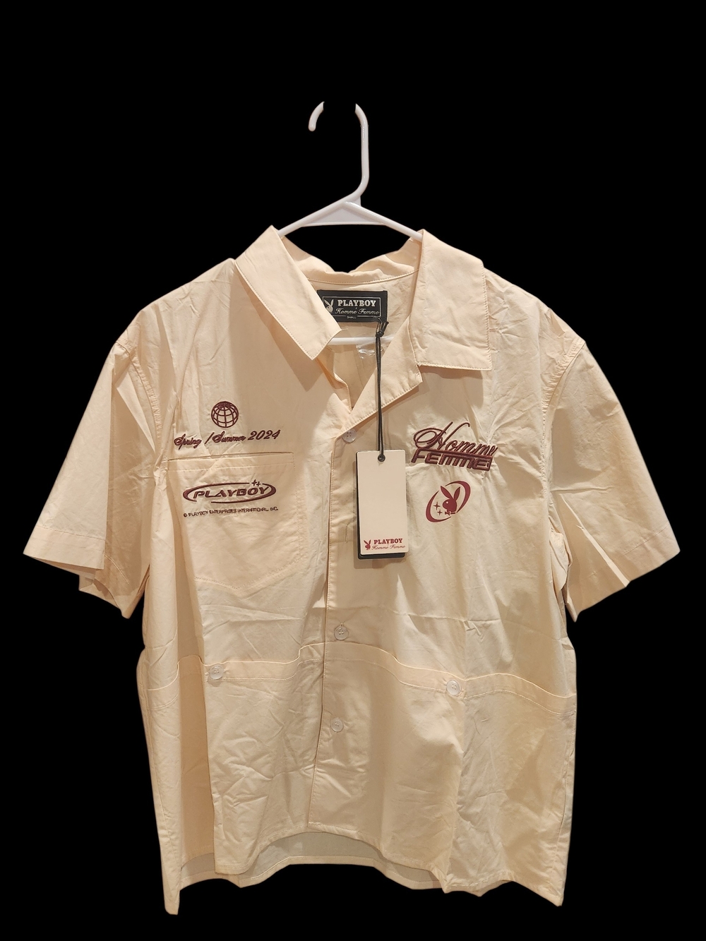 HOMME + FEMME X PLAYBOY CREAM BUTTON DOWN SHIRT SIZE SM